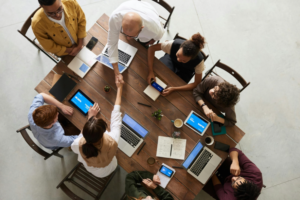 Overhead of a group of workers working together.