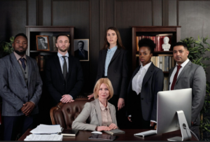 Six workers in suits posing for a professional photo in an office.